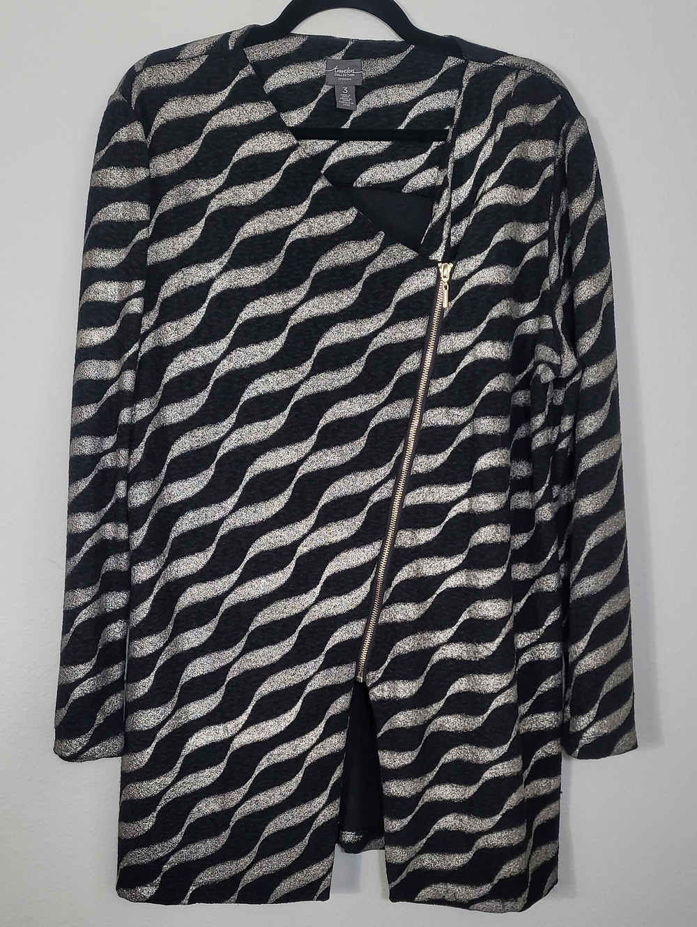 Chicos Travelers Asymmetrical Zip Jacket Size 3 XL Artsy Dinner